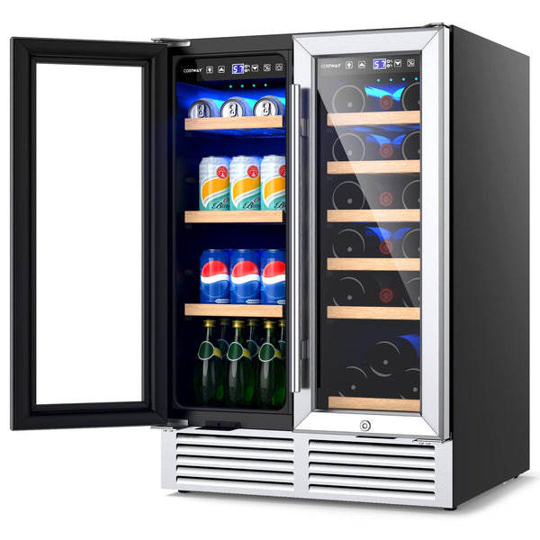 Wine and Beverage Refrigerator, 24 Inch Dual Zone Under Counter Wine Cooler w/Lock