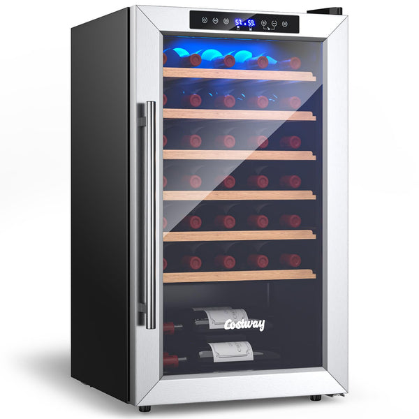 20 Inch Wine Cooler, 33 Bottles Wine Refrigerator with 2-Layer Tempered Glass Door & Dual Alarm Function