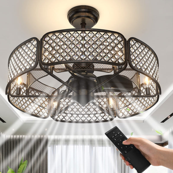 Caged Ceiling Fan with Light, 30 Inch Crystal Ceiling Fan with 6 Light Bases, 3 Fan Blades & Remote Control
