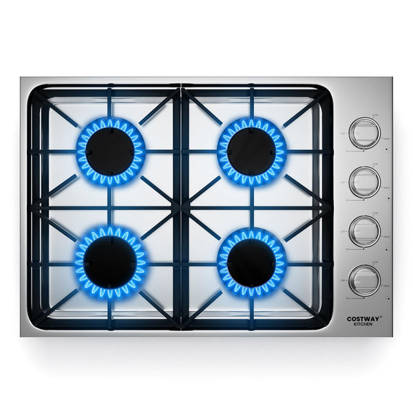 30-inch Gas Cooktop, Stainless Steel Gas Stove Top with 4 Burners, ABS Knobs and Cast Iron Grates