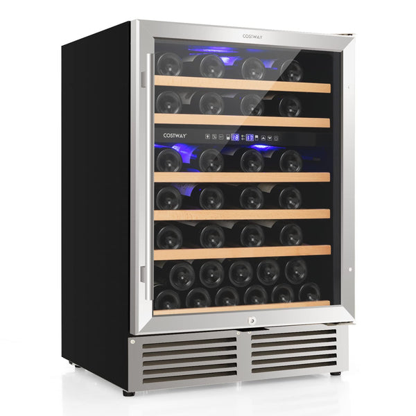 24 Inch Wine Cooler, 51 Bottles Dual Zone Wine Refrigerator w/Stainless Steel Tempered Glass Door