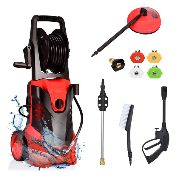 3000PSI Electric Pressure Washer, Portable High Power Washer w/ 5 Nozzles, Hose Reel, Soap Bottle, 2 GPM 2000W (Red)