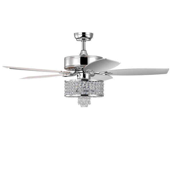 50 Inch Crystal Ceiling Fan with Lights & Remote Control, Modern Electrical Fan with 5 Wood Reversible Blades (Silver)