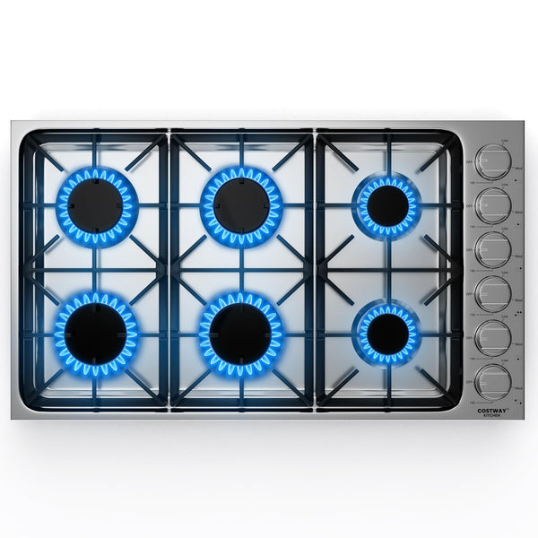 36-inch Gas Cooktop, Stainless Steel Gas Stove Top with 6 Burners, ABS Knobs and Cast Iron Grates