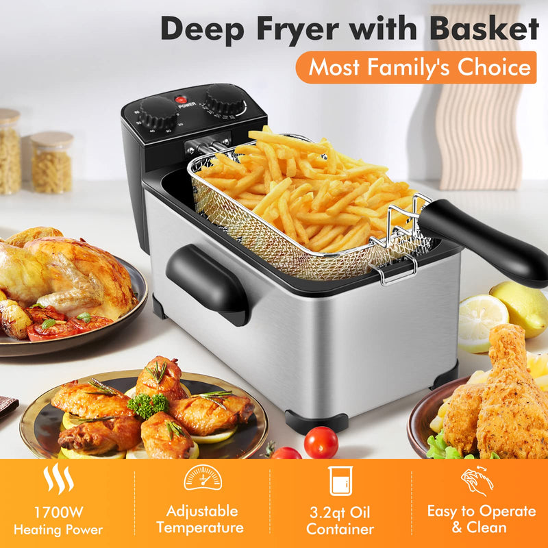 ARLIME Deep Fryer with Basket, 3.2Qt Stainless Steel Electric Oil Fryer