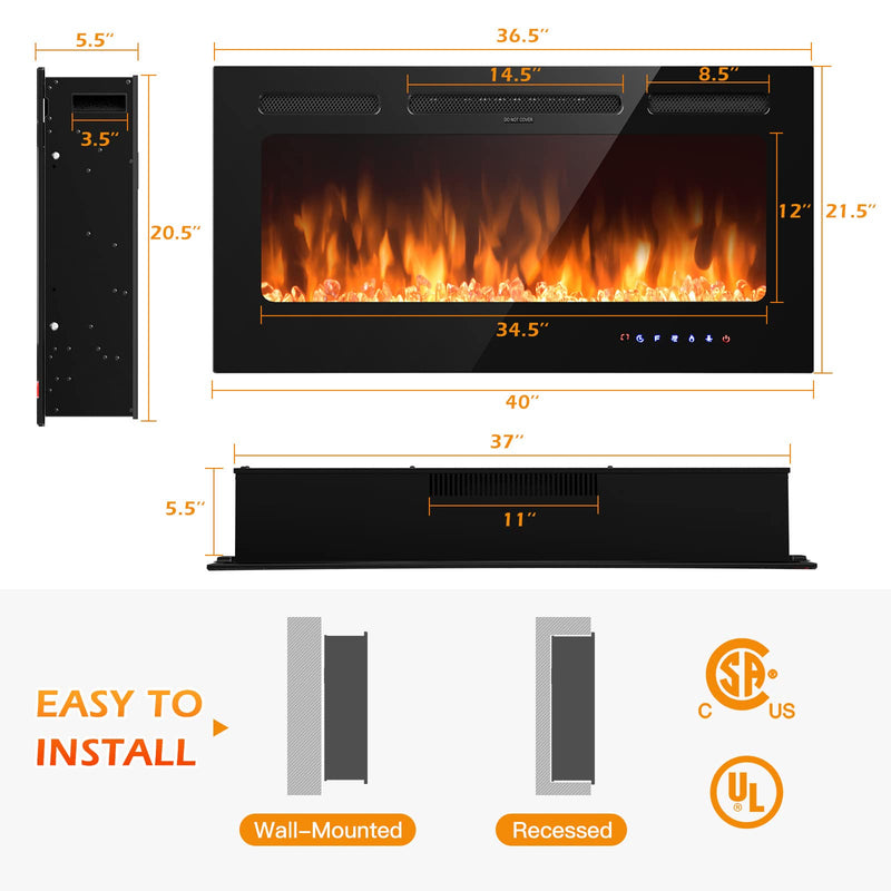 ARLIME 50” Recessed Electric Fireplace 750W/1500W Wall Mounted & in Wall