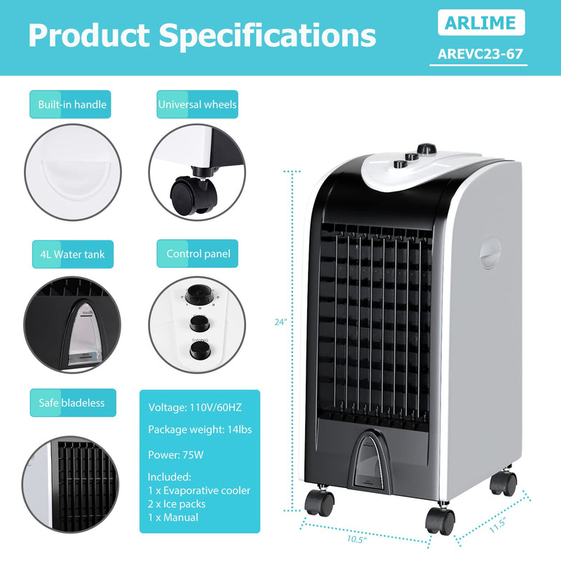 Evaporative Air Cooler, Windowless Portable Air Conditioner Fan & Humidifier